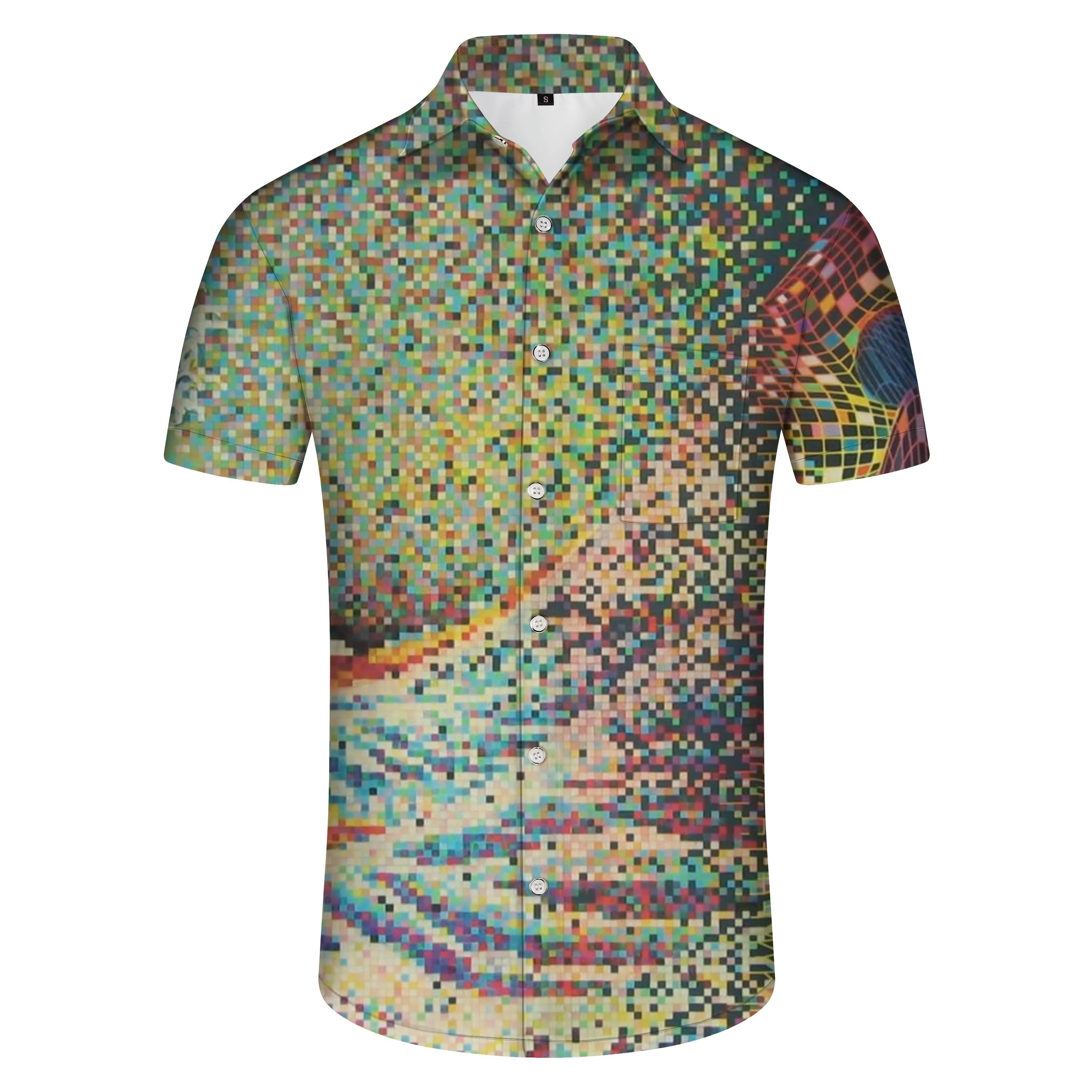 Abstract Color Mosaic Tropical Hawaiian Button Lapel Short Sleeve Men's Shirt 3D Digital Print Four Seasons Vacation Beach Top