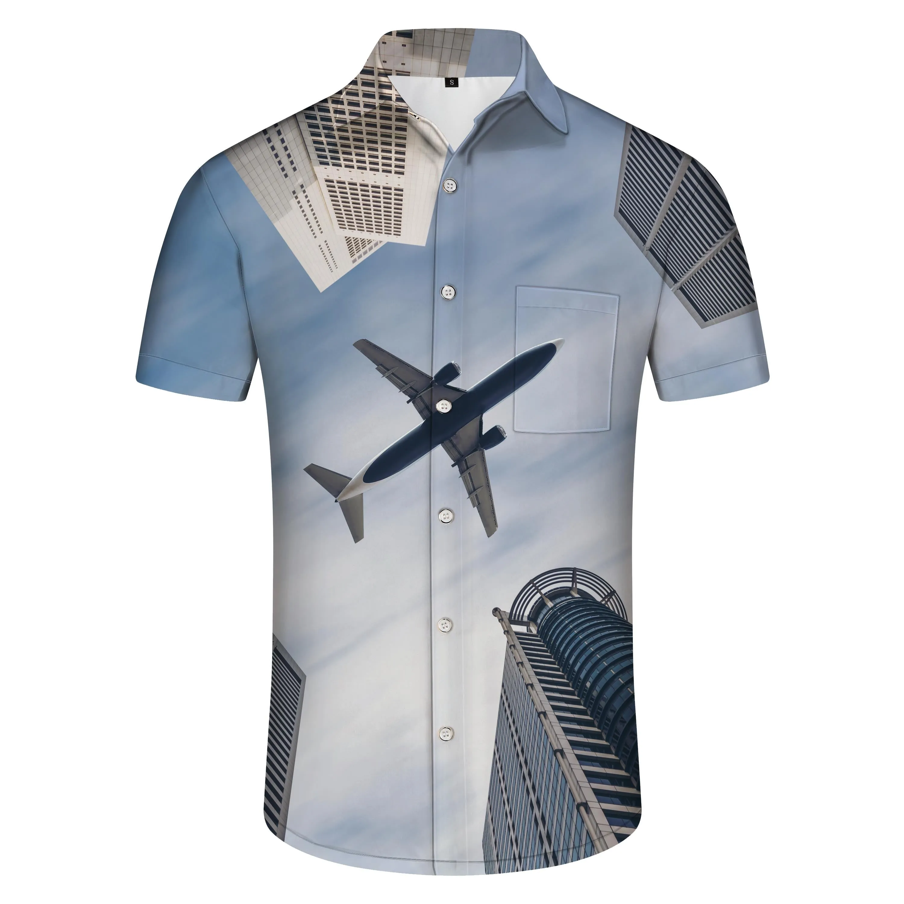 Architecture Sky Airplane Print Men's Short-sleeved Button Shirt Casual Loose Summer Beach Shirt Men's Beach Shirt