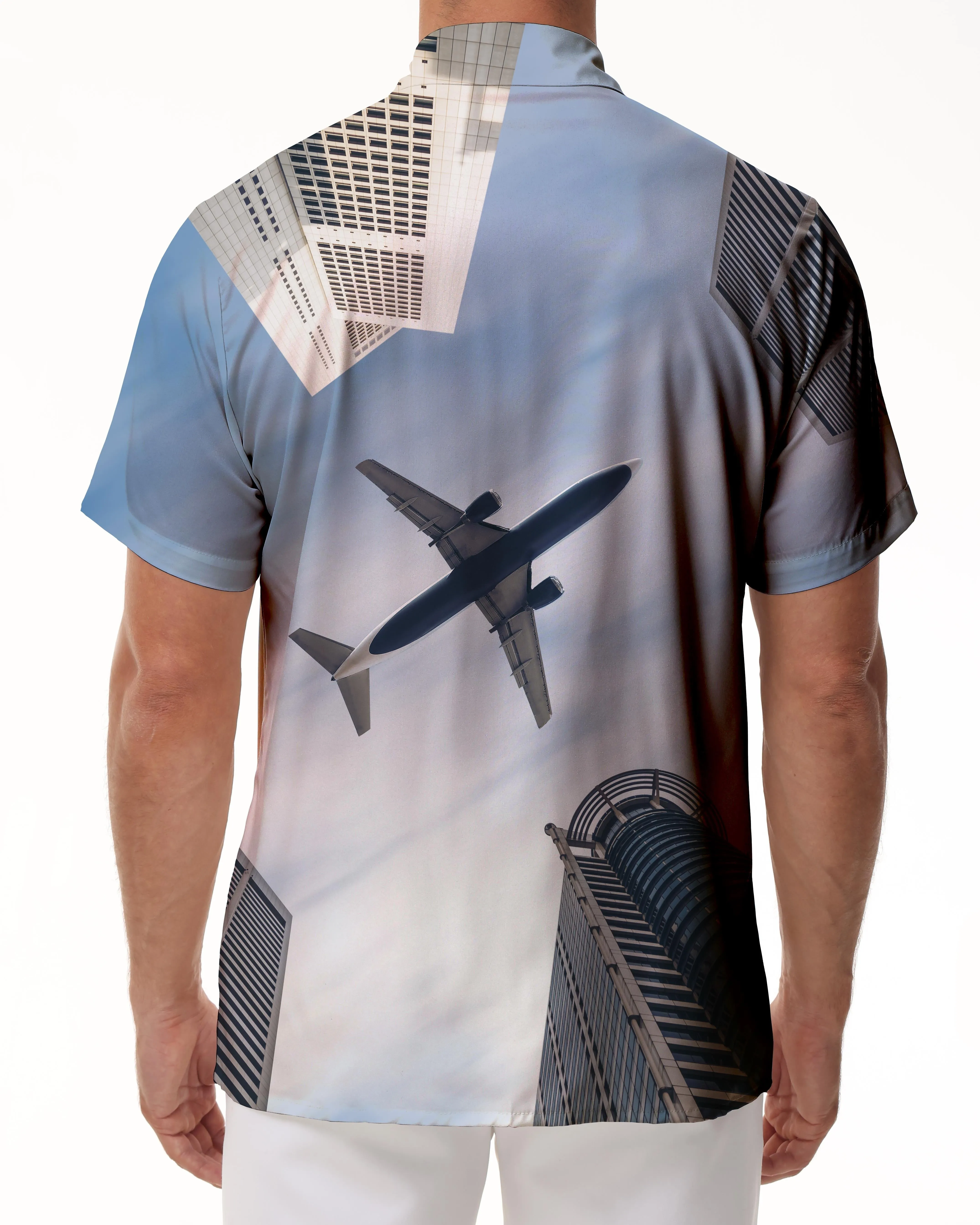 Architecture Sky Airplane Print Men's Short-sleeved Button Shirt Casual Loose Summer Beach Shirt Men's Beach Shirt