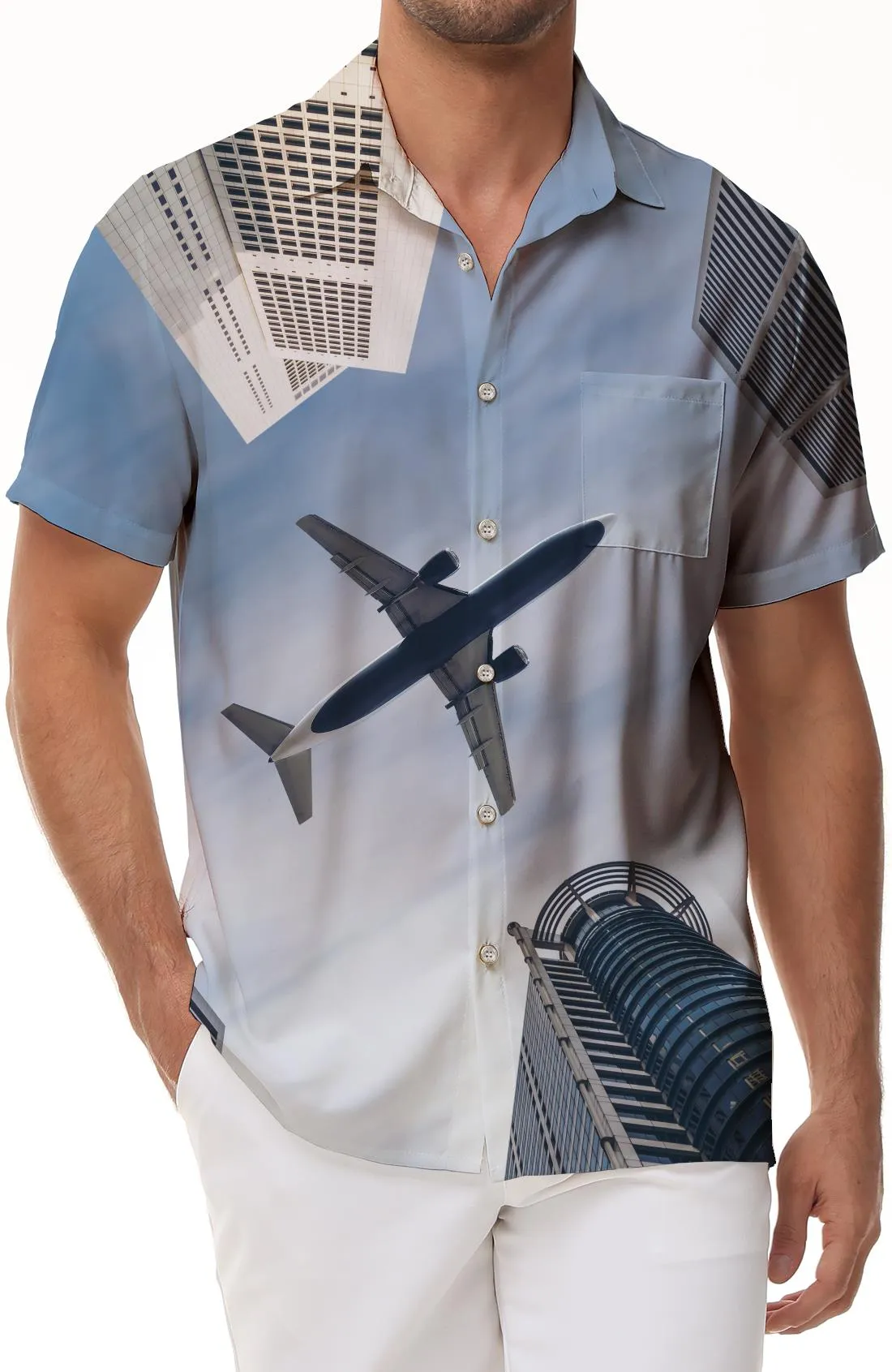 Architecture Sky Airplane Print Men's Short-sleeved Button Shirt Casual Loose Summer Beach Shirt Men's Beach Shirt