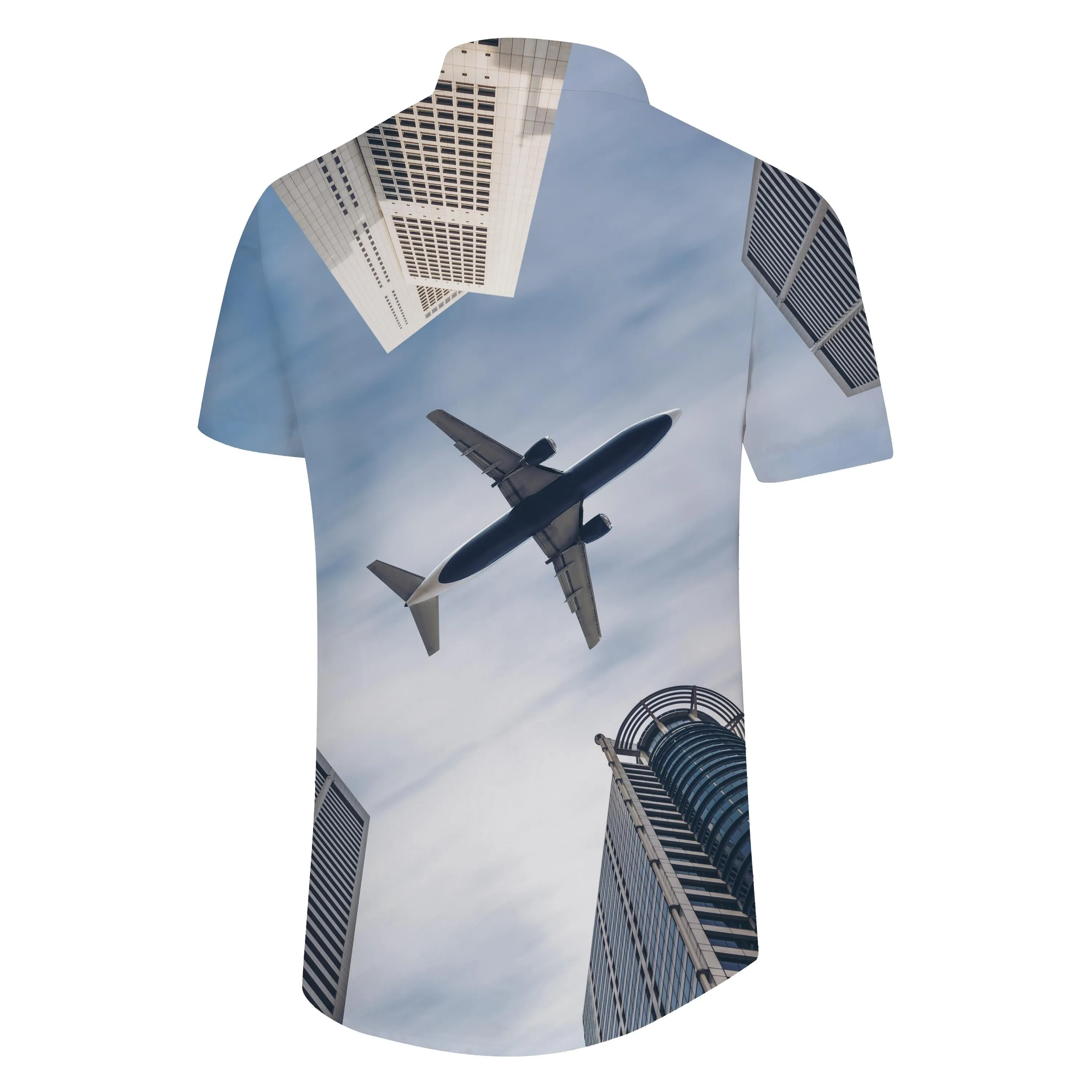 Architecture Sky Airplane Print Men's Short-sleeved Button Shirt Casual Loose Summer Beach Shirt Men's Beach Shirt