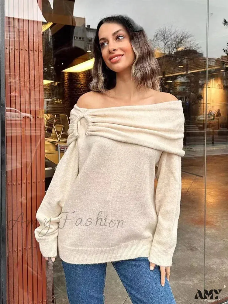 Autumn Fashion Women's Tops Dark Gray Pleated Decoration Off Shoulders Long Sleeves Casual Cozy Sweater