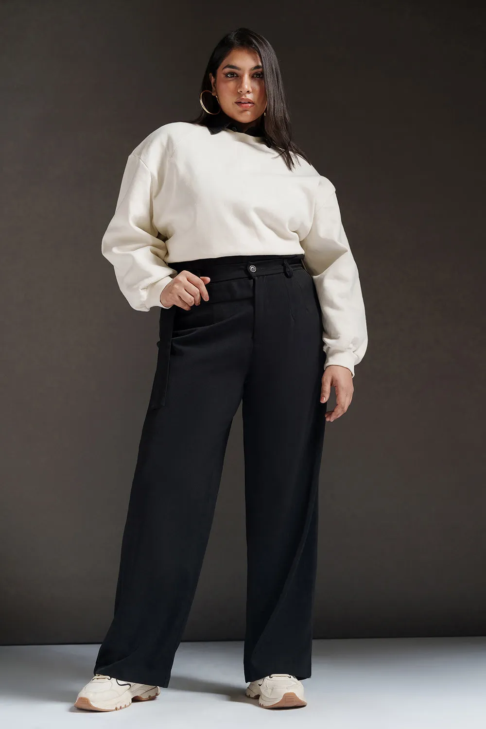 Black Quill Curve Strap Detailed Korean Pants