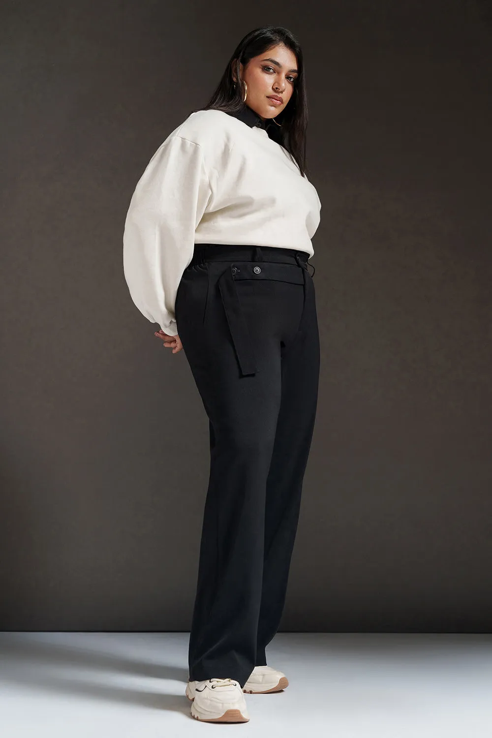 Black Quill Curve Strap Detailed Korean Pants