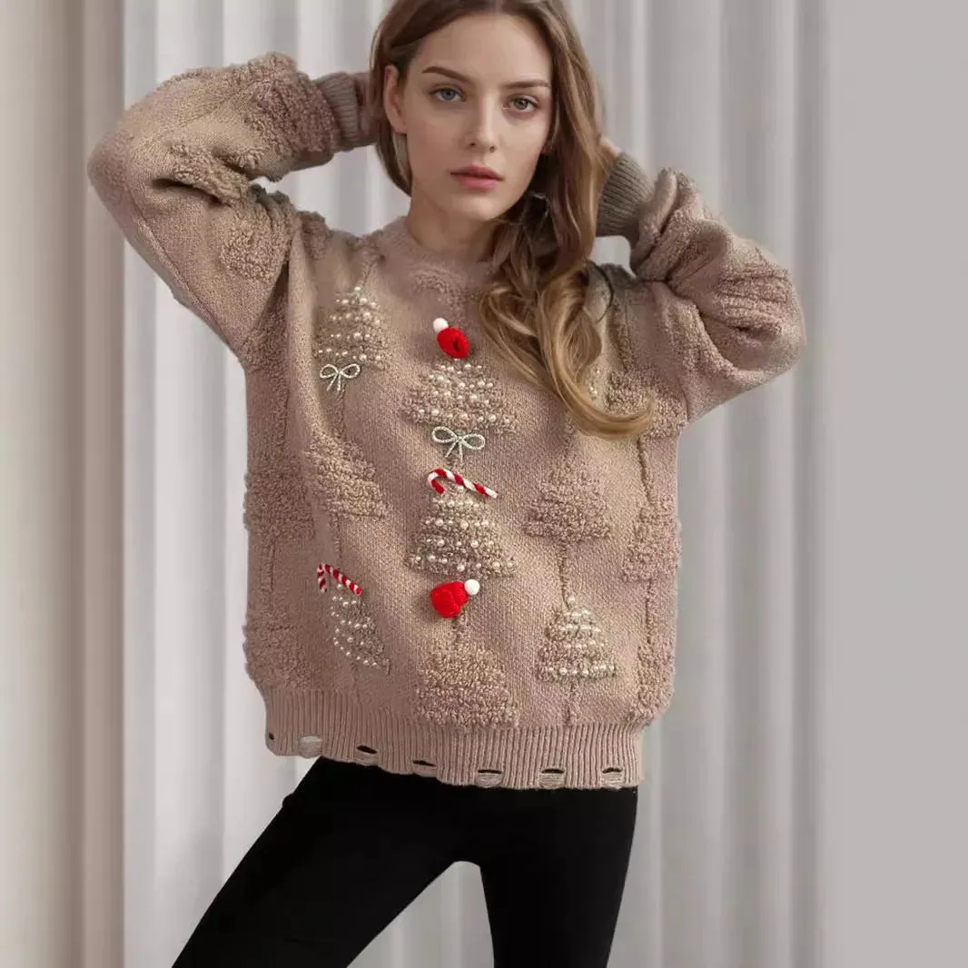 Chic Stylish Cozy Casual Warm Comfortable Korean O-Neck Christmas Bow Jumper Sweater