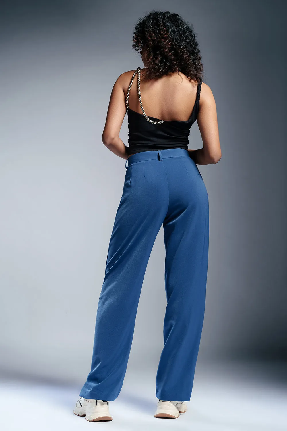 Classic Cobalt Strap Detailed Korean Pants