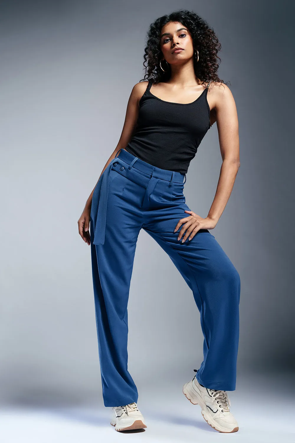 Classic Cobalt Strap Detailed Korean Pants