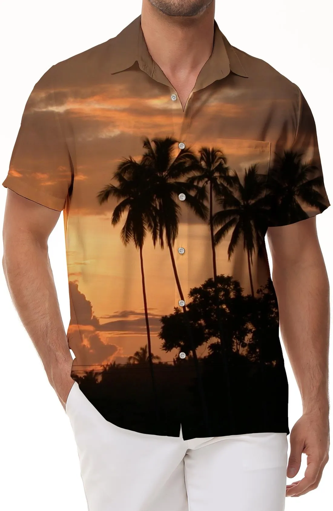 Coconut sunset tree Hawaiian shirt men's lapel casual beach style shirt short sleeve casual fashion tropical shirt button vacation seaside beach shirt style