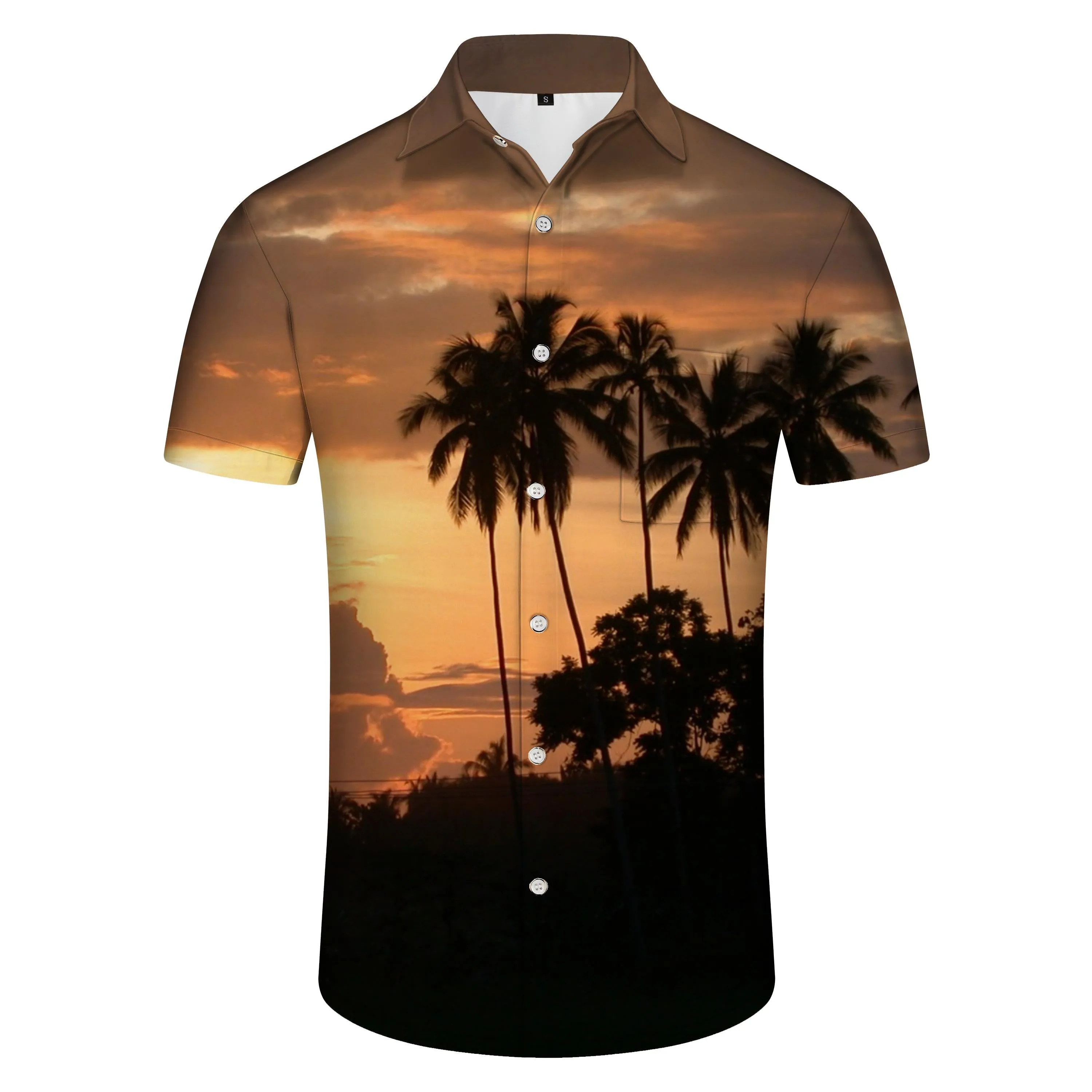 Coconut sunset tree Hawaiian shirt men's lapel casual beach style shirt short sleeve casual fashion tropical shirt button vacation seaside beach shirt style