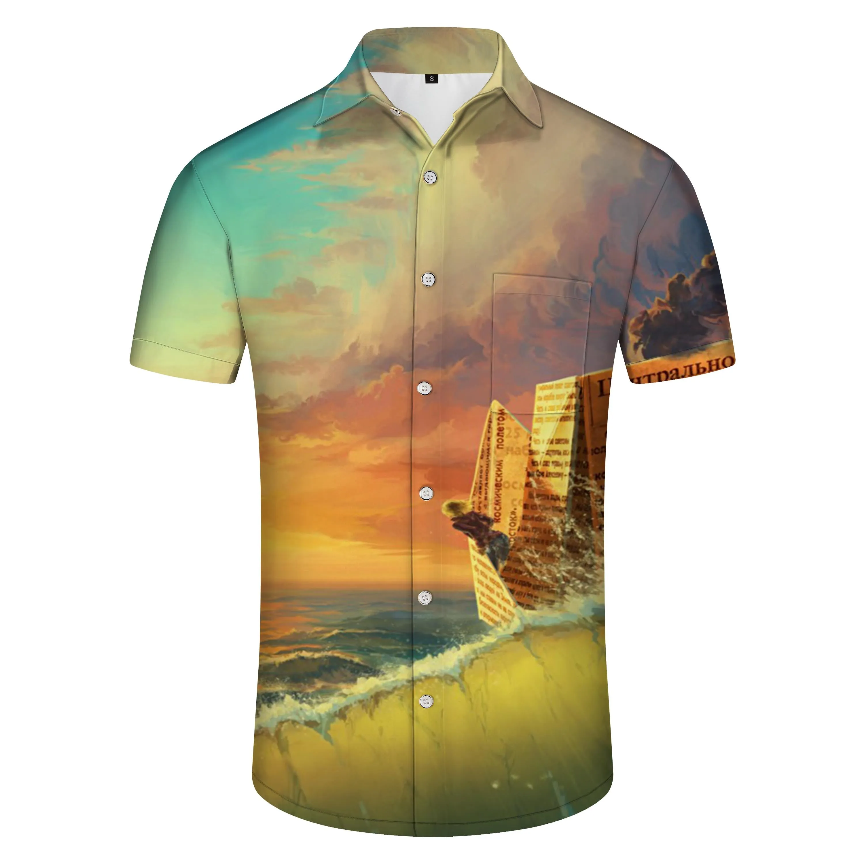 Colorful abstract cartoon Hawaiian button men's four seasons vacation beach short-sleeved tops soft, comfortable and light