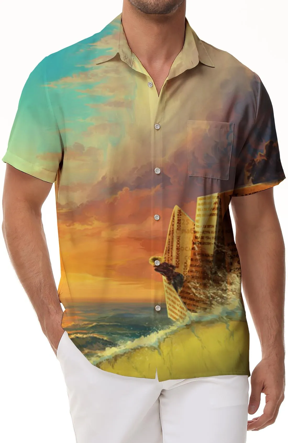 Colorful abstract cartoon Hawaiian button men's four seasons vacation beach short-sleeved tops soft, comfortable and light