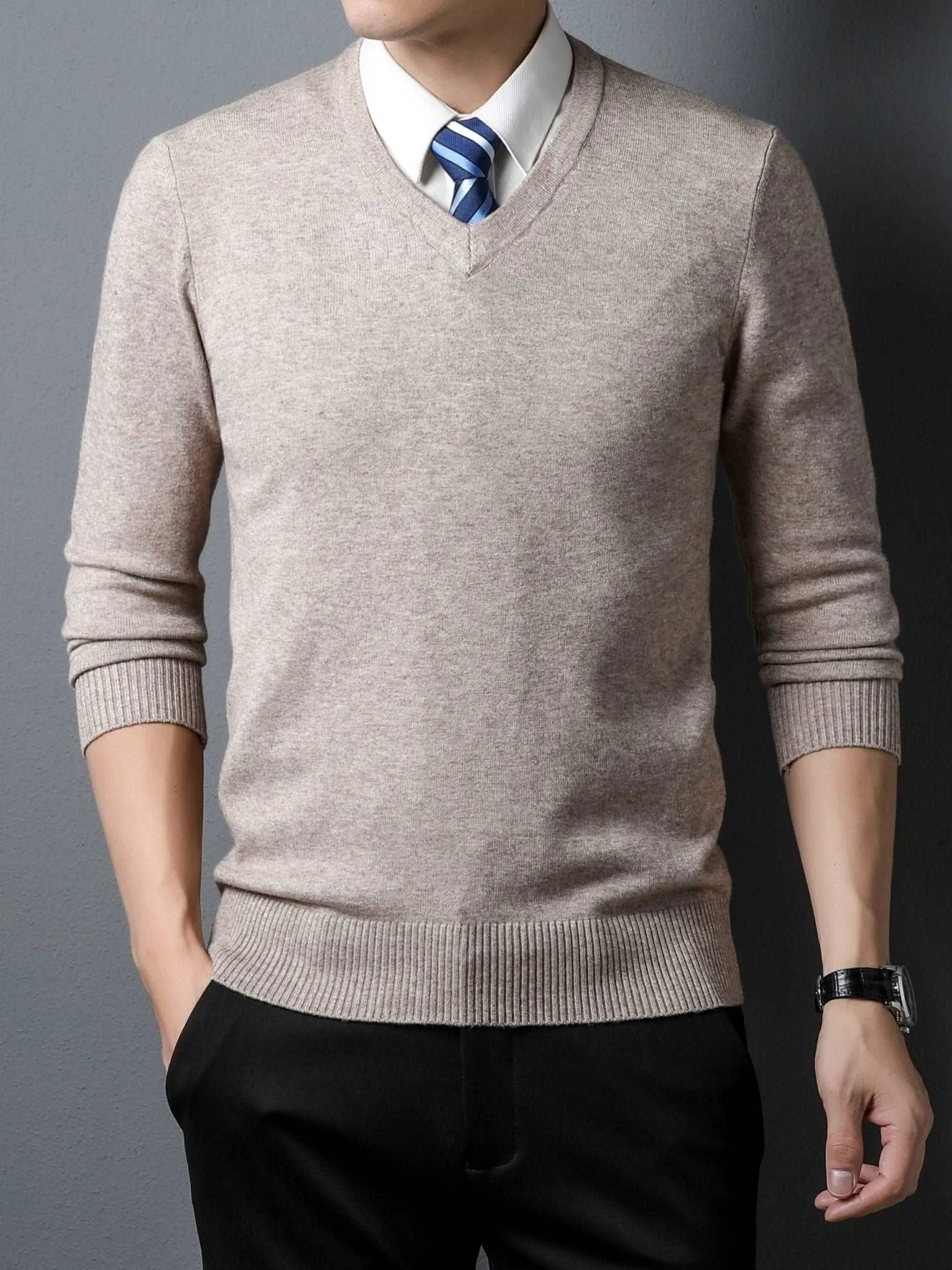 Cozy & Stylish Men's Knitted V-neck Sweaters: Perfect Autumn Knitwear in Black, Camel, & Grey"