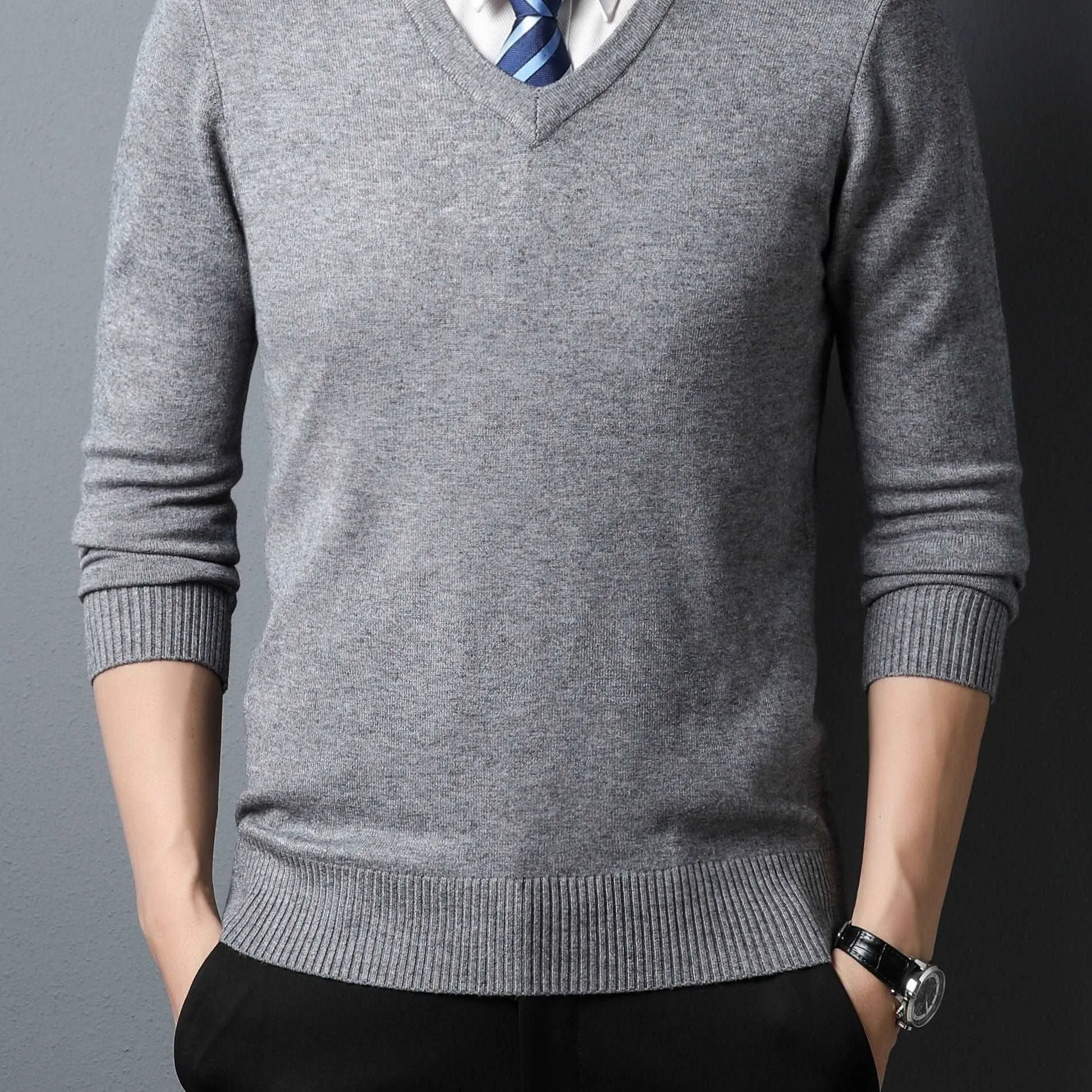 Cozy & Stylish Men's Knitted V-neck Sweaters: Perfect Autumn Knitwear in Black, Camel, & Grey"