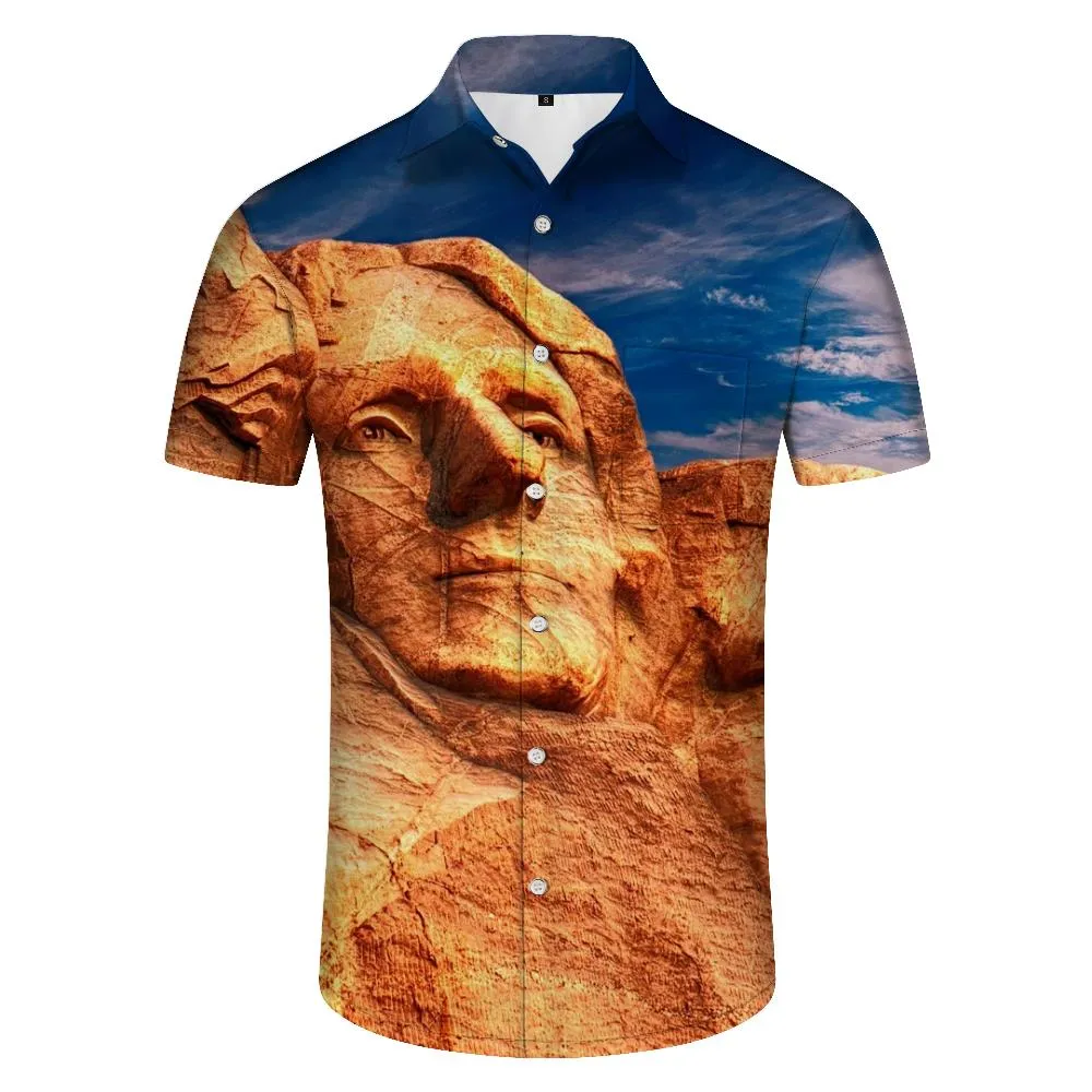 Design sense desert statue geometric art short-sleeved shirt fashion style travel seaside men's comfortable breathable short-sleeved shirt Hawaii