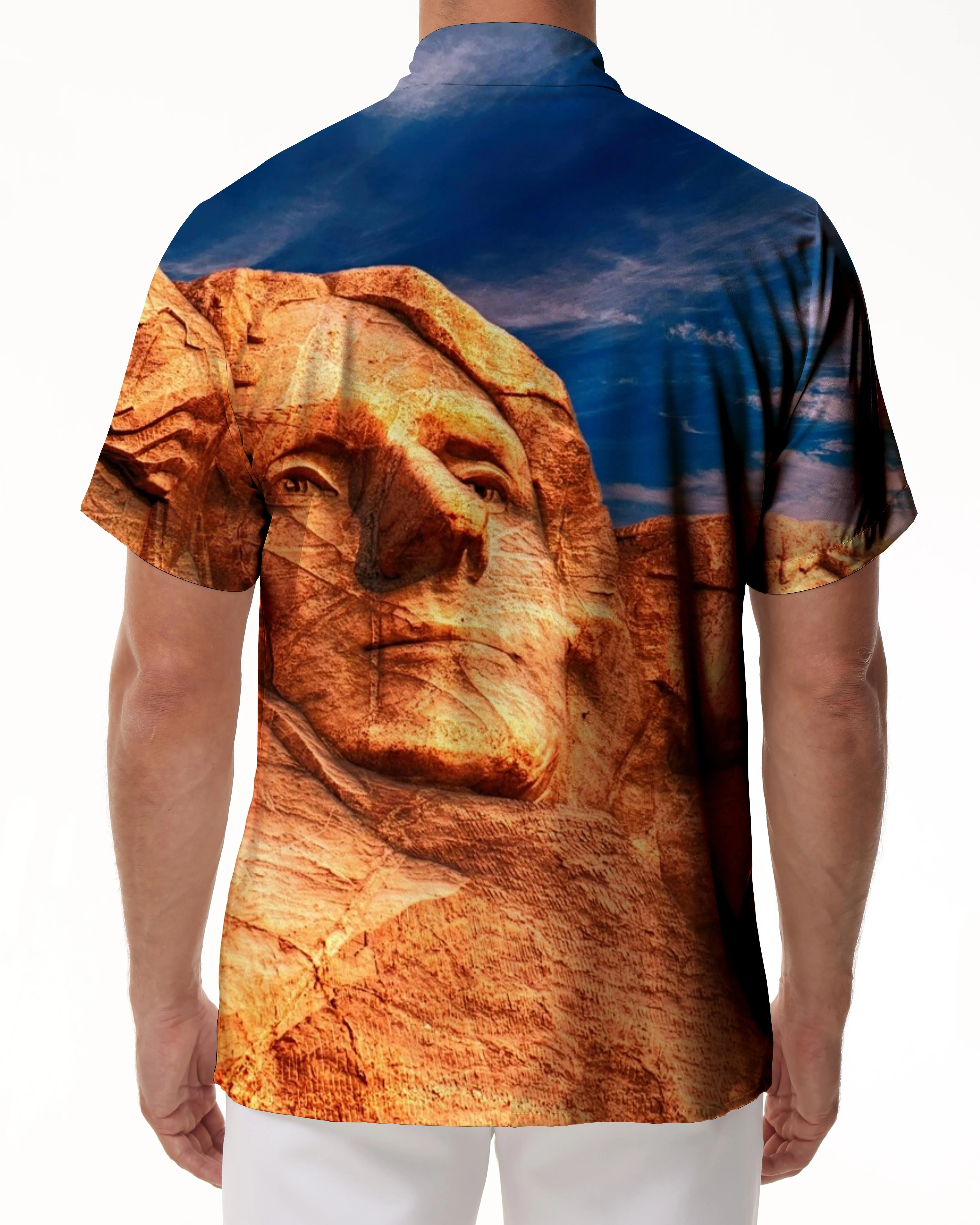 Design sense desert statue geometric art short-sleeved shirt fashion style travel seaside men's comfortable breathable short-sleeved shirt Hawaii