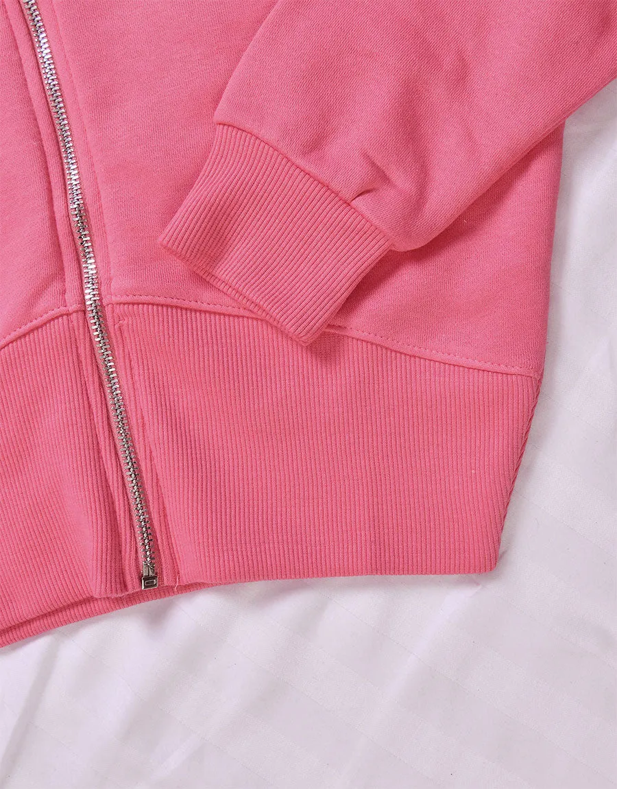 Ladies Fleece Short Body Hoodie-Dark Pink