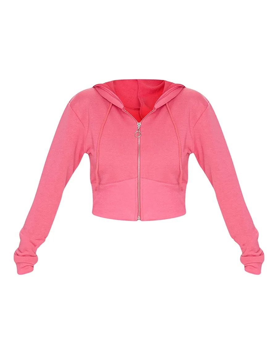 Ladies Fleece Short Body Hoodie-Dark Pink