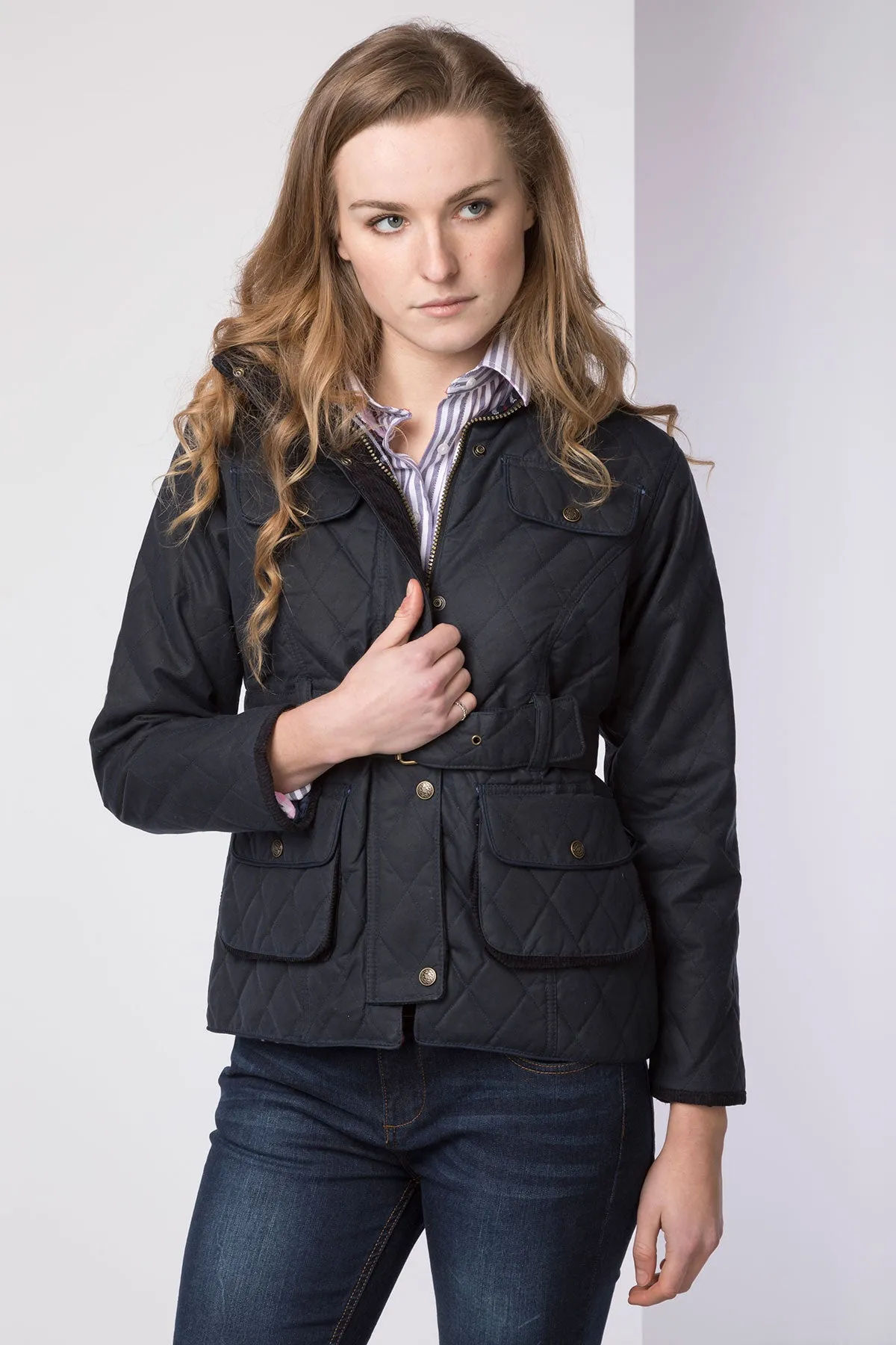 Ladies Long Belted Diamond Quilt Wax Jacket