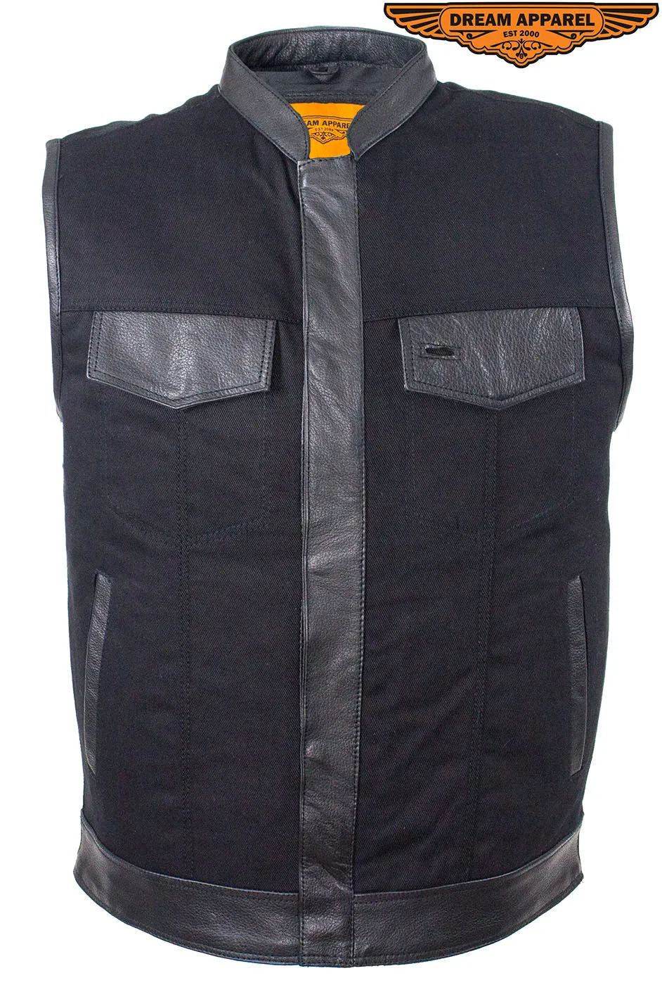 Mens Black Denim Biker Vest With Leather Trims & Front Zip Up