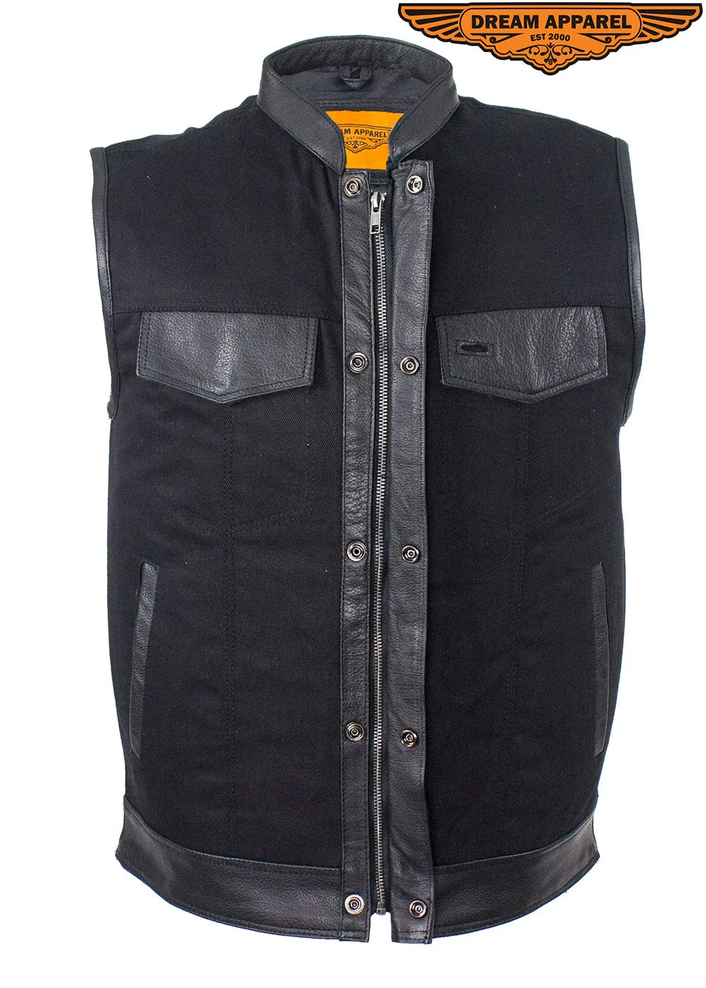 Mens Black Denim Biker Vest With Leather Trims & Front Zip Up