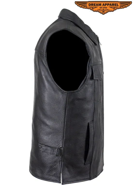 Mens Motorcycle Club Leather Vest With Fold Collar & Hidden Snaps