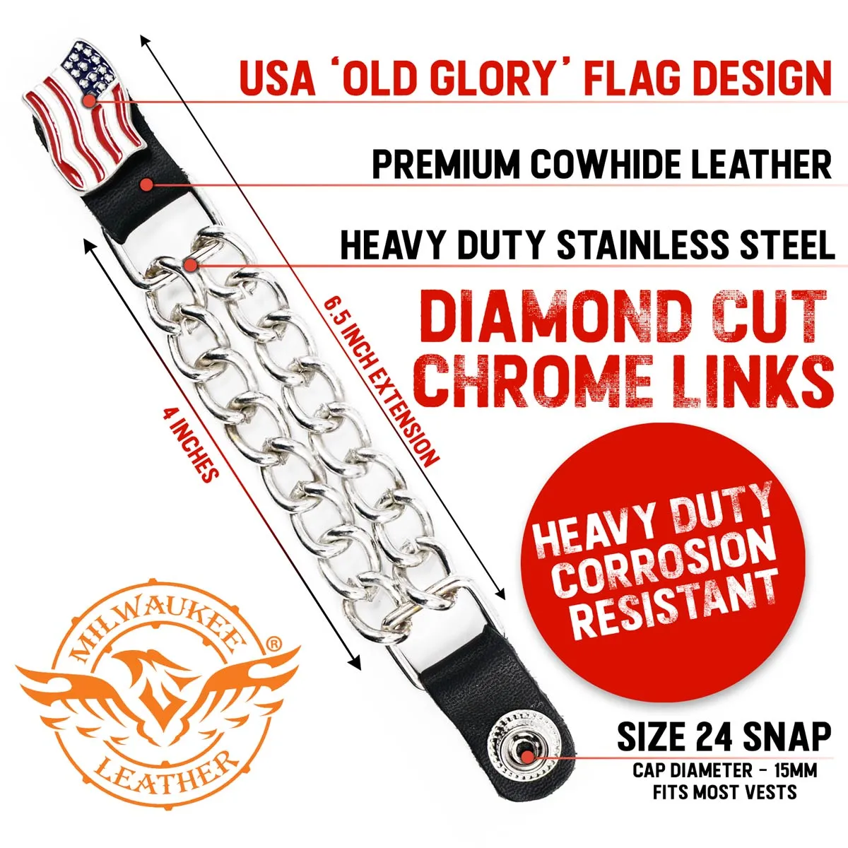 Milwaukee Leather American Flag Vest Extender - Double Chrome Chains