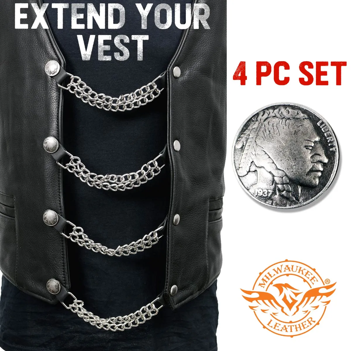 Milwaukee Leather Indian Head Medallion Vest Extender - Double Chrome Chains Genuine Leather 8.5" Extension 4-PCS MLA6044SET