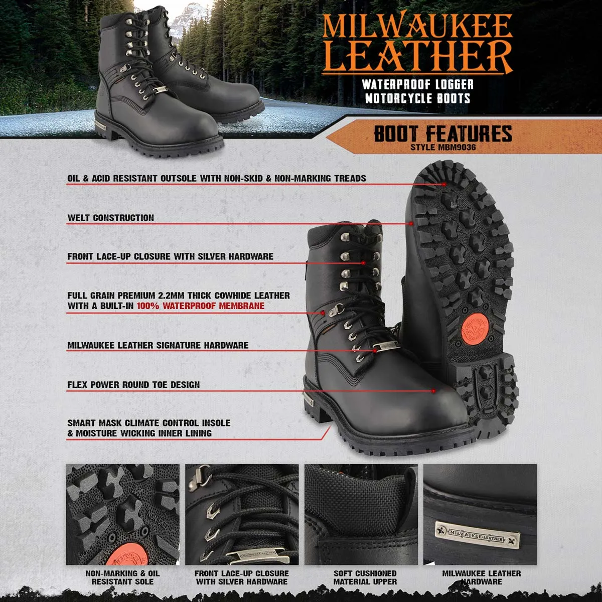 Milwaukee Leather Men's Black Wide Width 7-inch Lace to Toe Full-Waterproof Leather Boots MBM9036WP