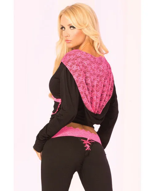 Pink Lipstick Loungewear Lace Trim Cropped Hoodie Black Sm