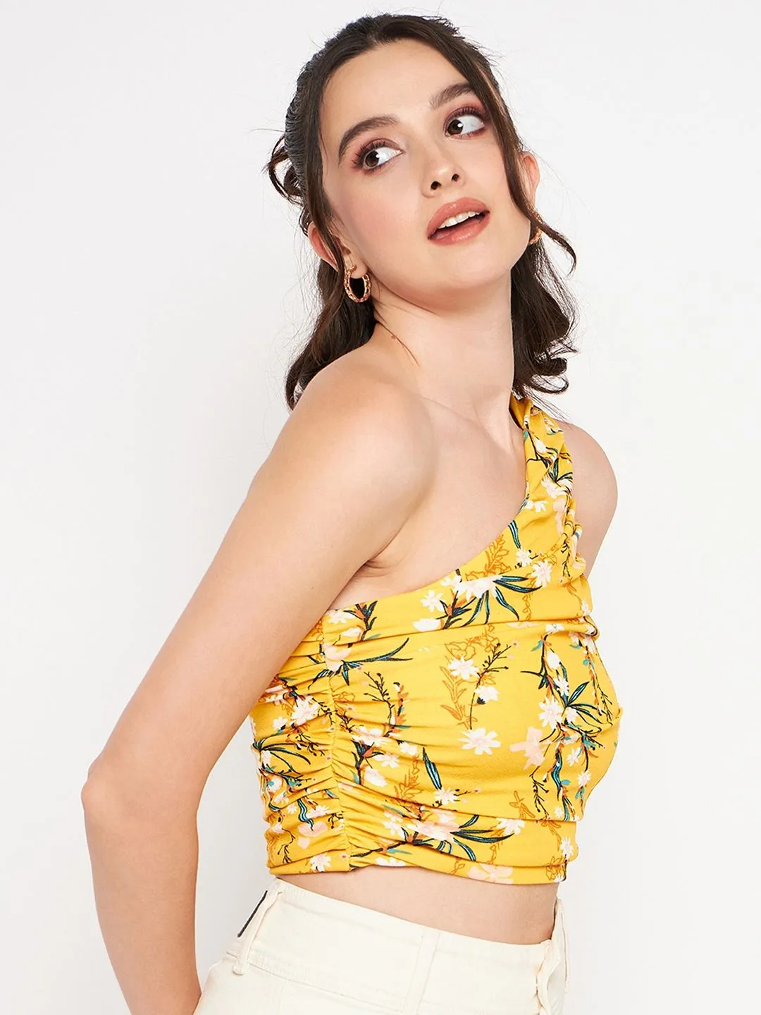 Printed Stretchable One Shoulder Top with Gathered Sides