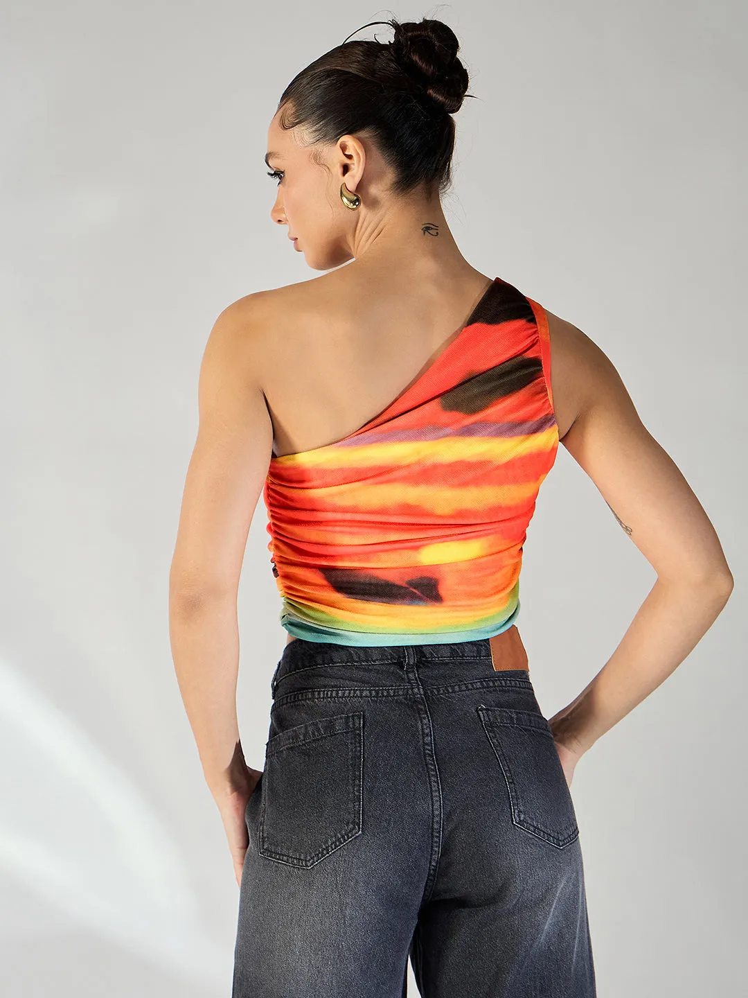 Printed Stretchable One Shoulder Top with Gathered Sides