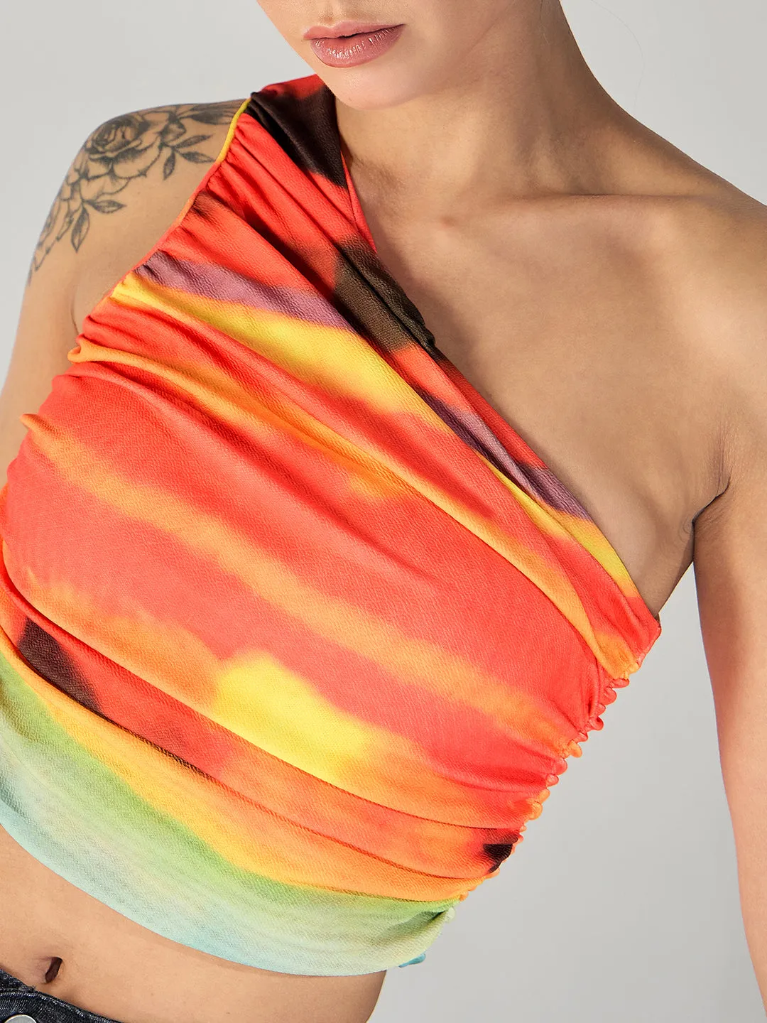 Printed Stretchable One Shoulder Top with Gathered Sides