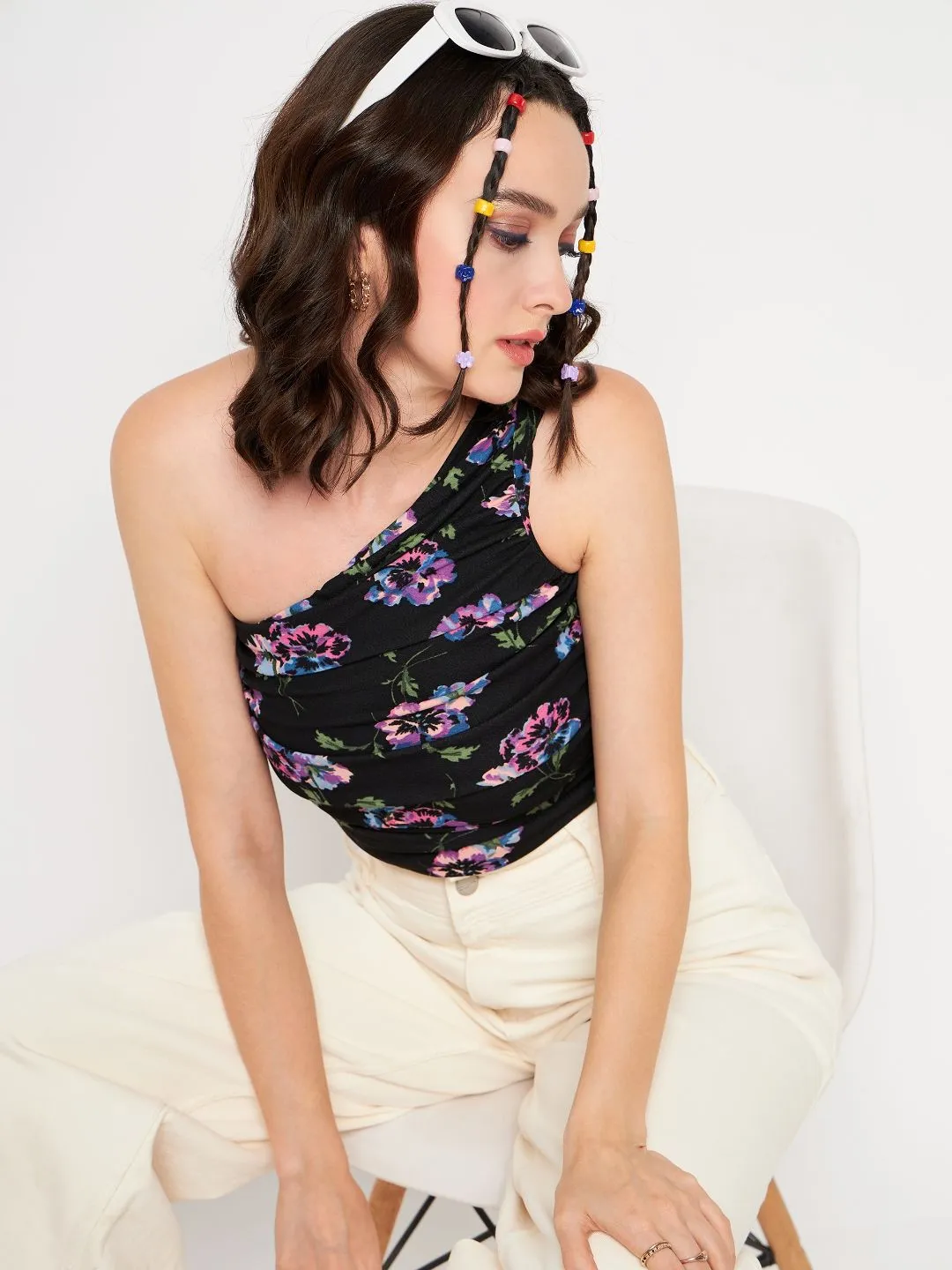 Printed Stretchable One Shoulder Top with Gathered Sides