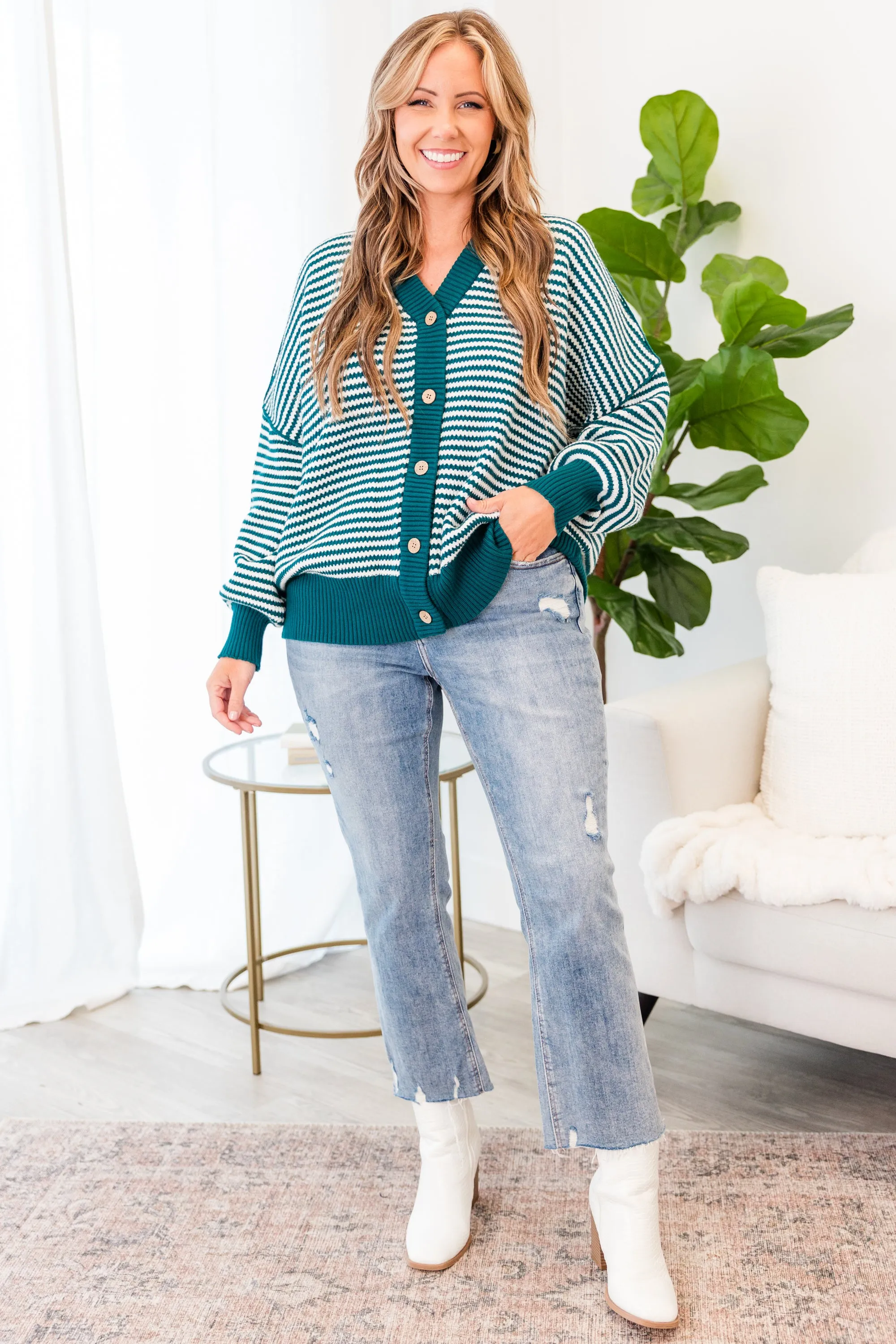 Snuggly Stripe Button-Up Sweater, Jade Green-Ivory