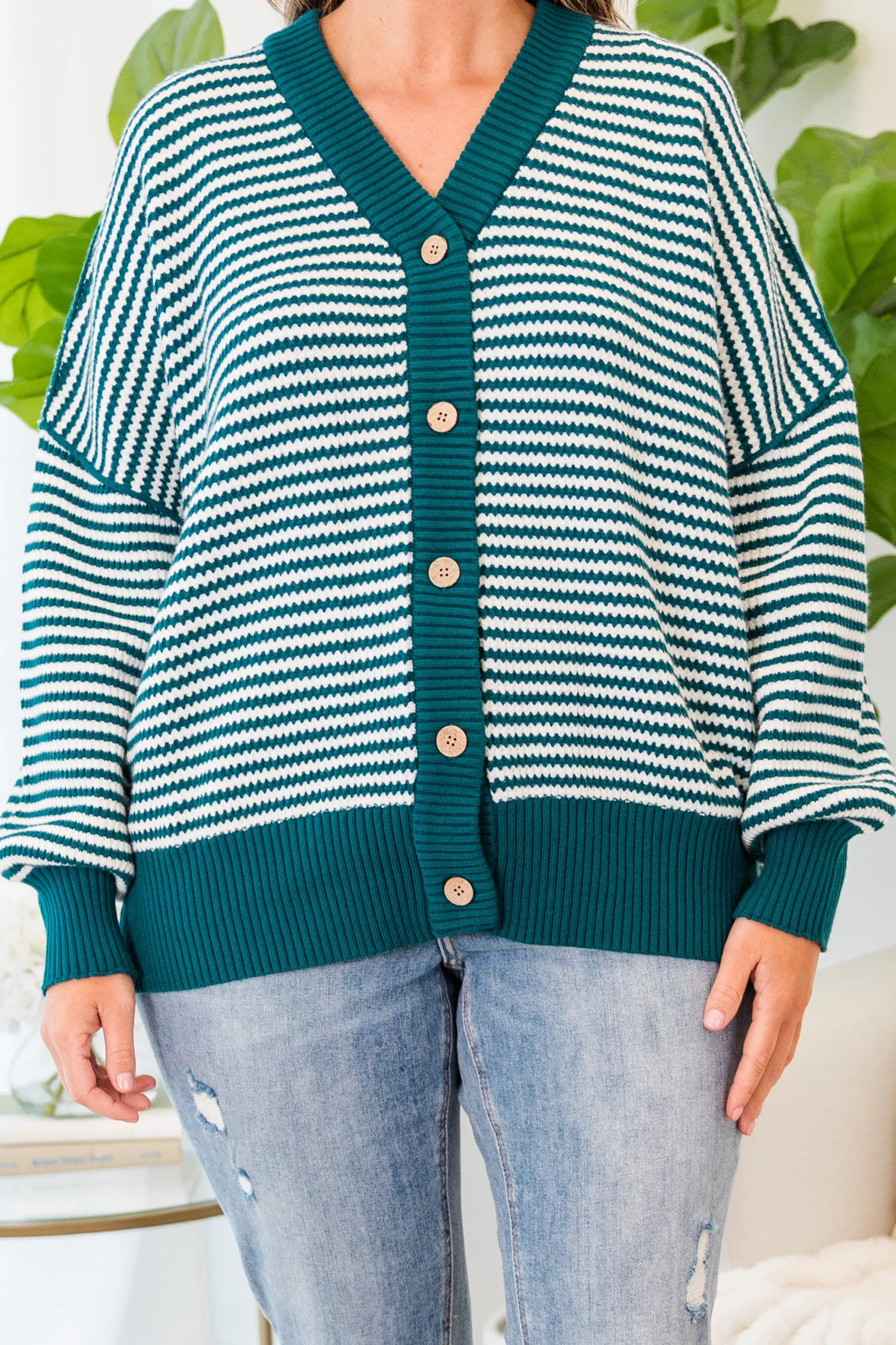 Snuggly Stripe Button-Up Sweater, Jade Green-Ivory