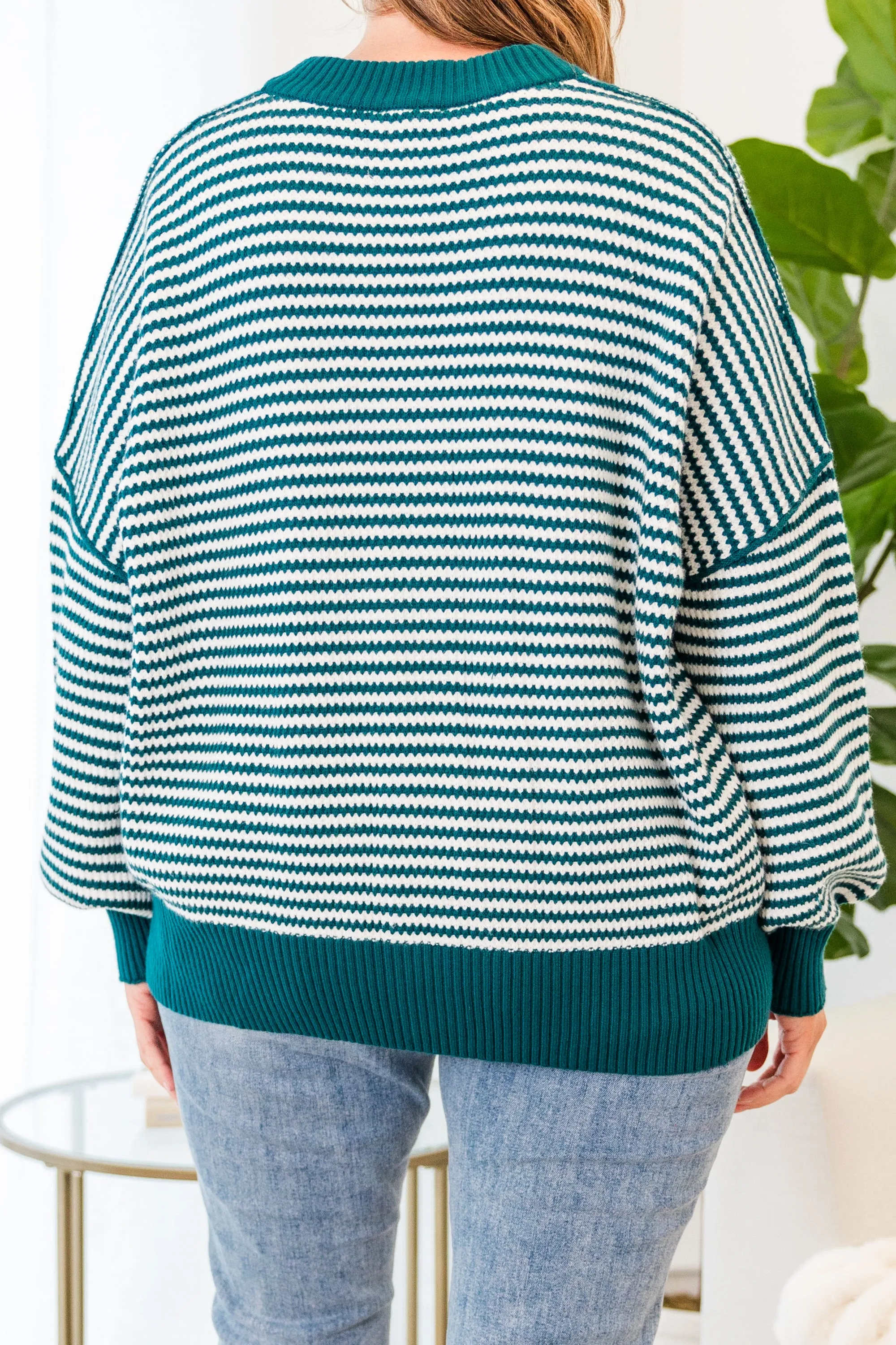 Snuggly Stripe Button-Up Sweater, Jade Green-Ivory