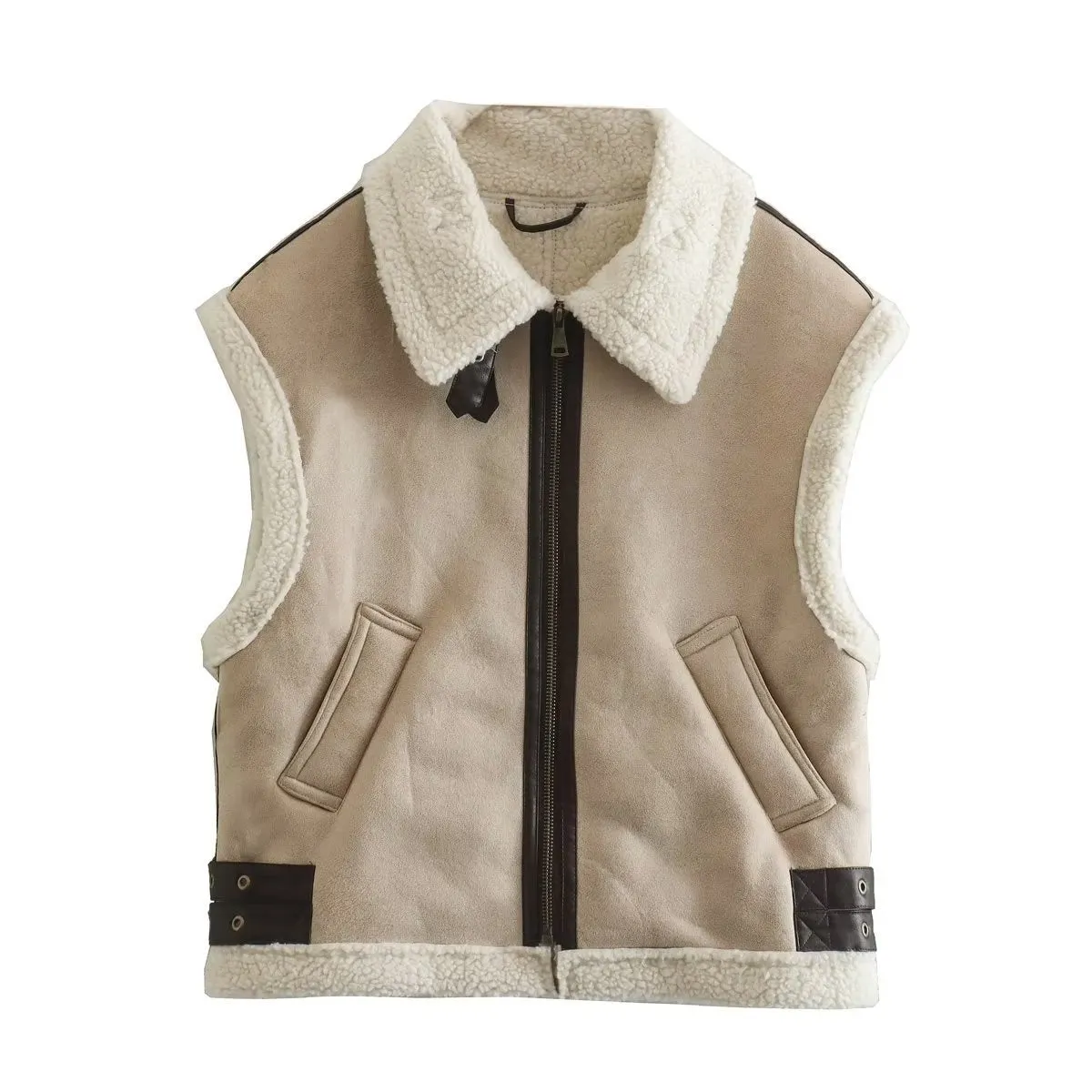 Spliced PU Leather Fleece Lined Lapel Collar Lady Vest (3 colors)