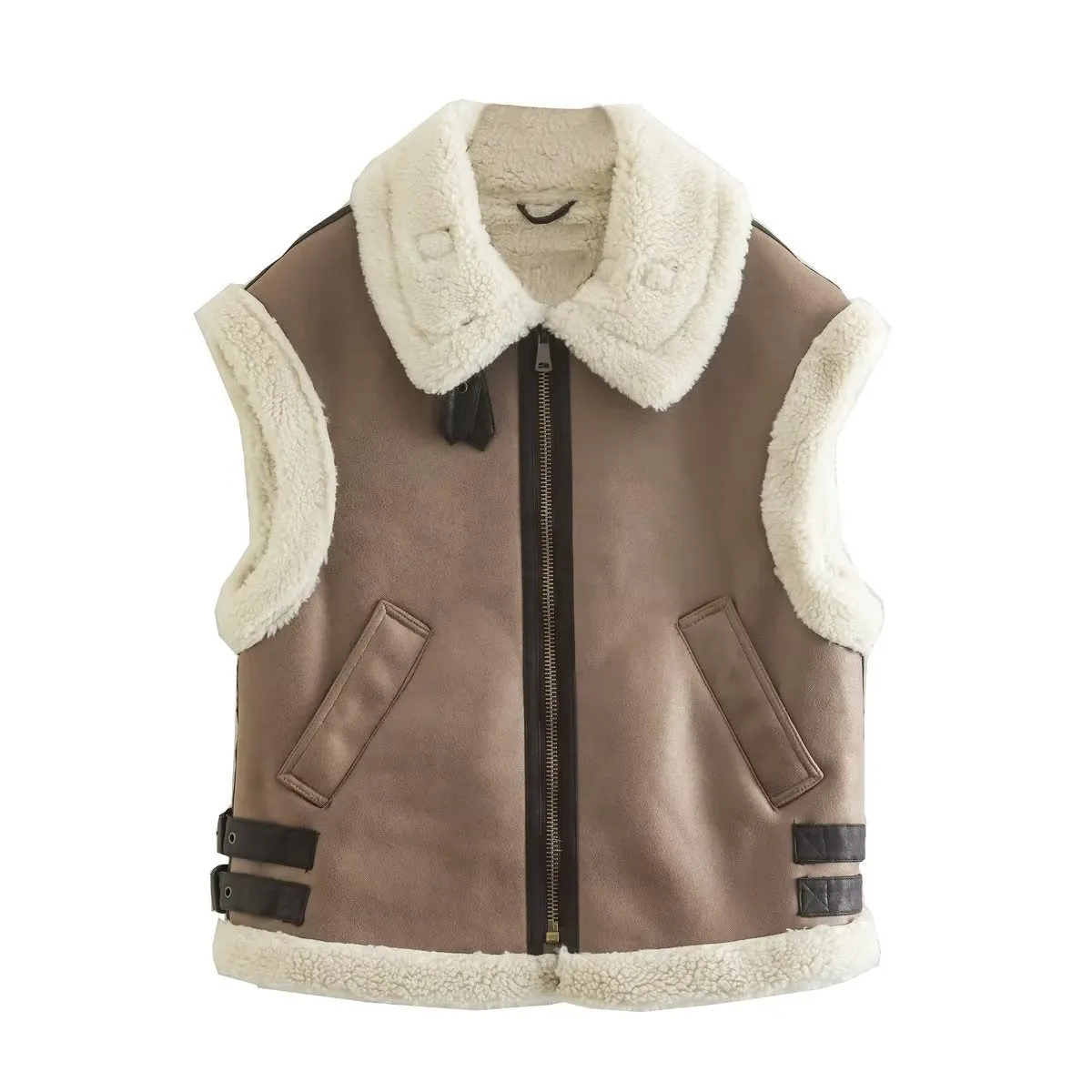 Spliced PU Leather Fleece Lined Lapel Collar Lady Vest (3 colors)