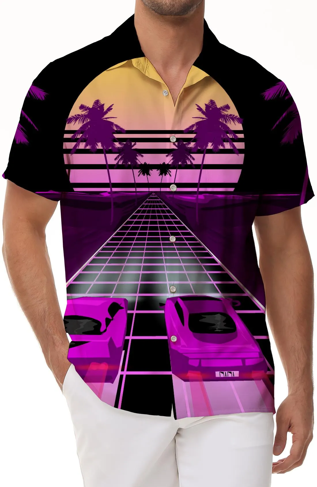 Sports car coconut tree men's outdoor beach fake short shirt Hawaiian fun button men's short-sleeved casual shirt purple black