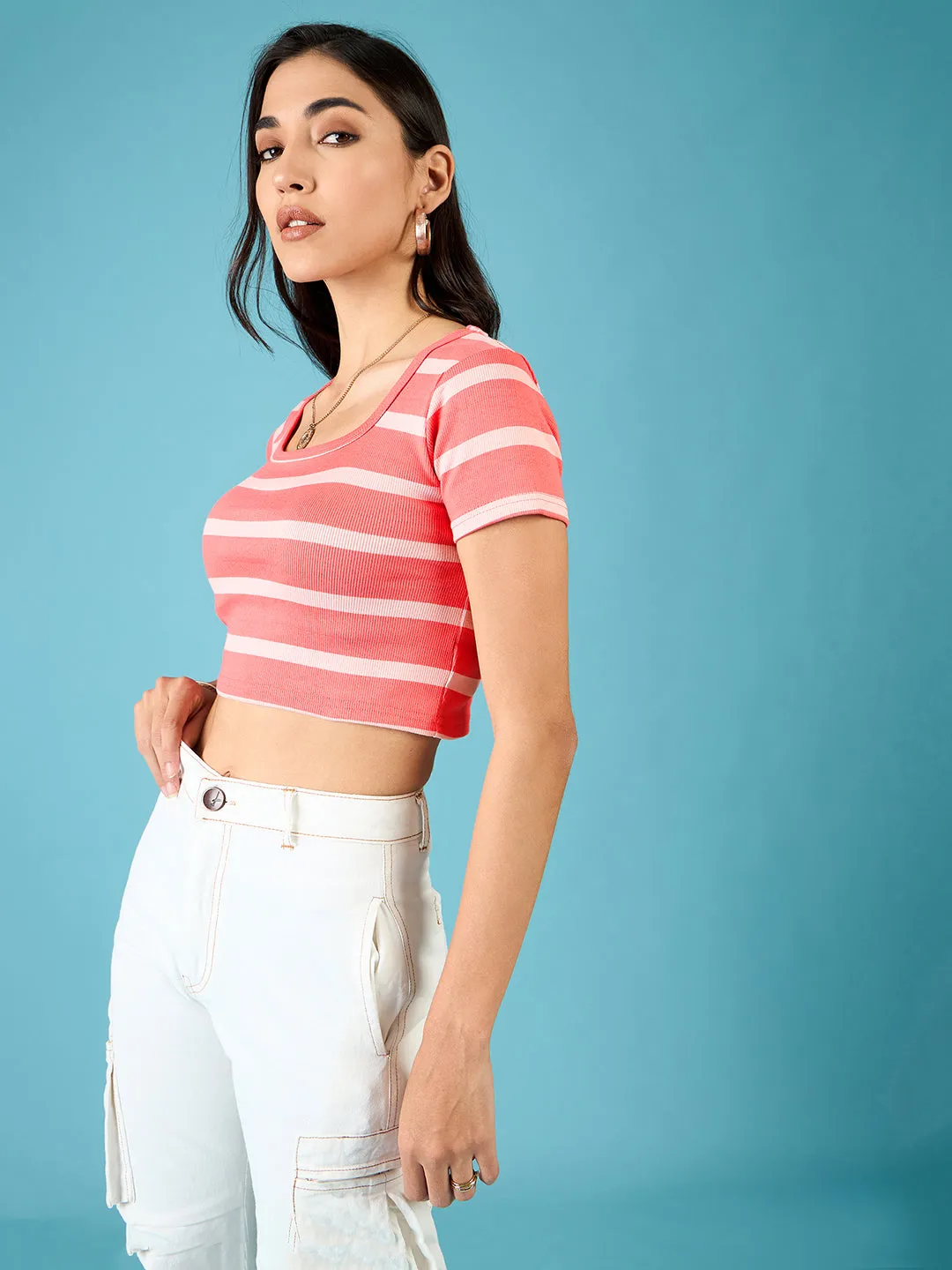 Stretchable Ribbed Half Sleeve Crop Top