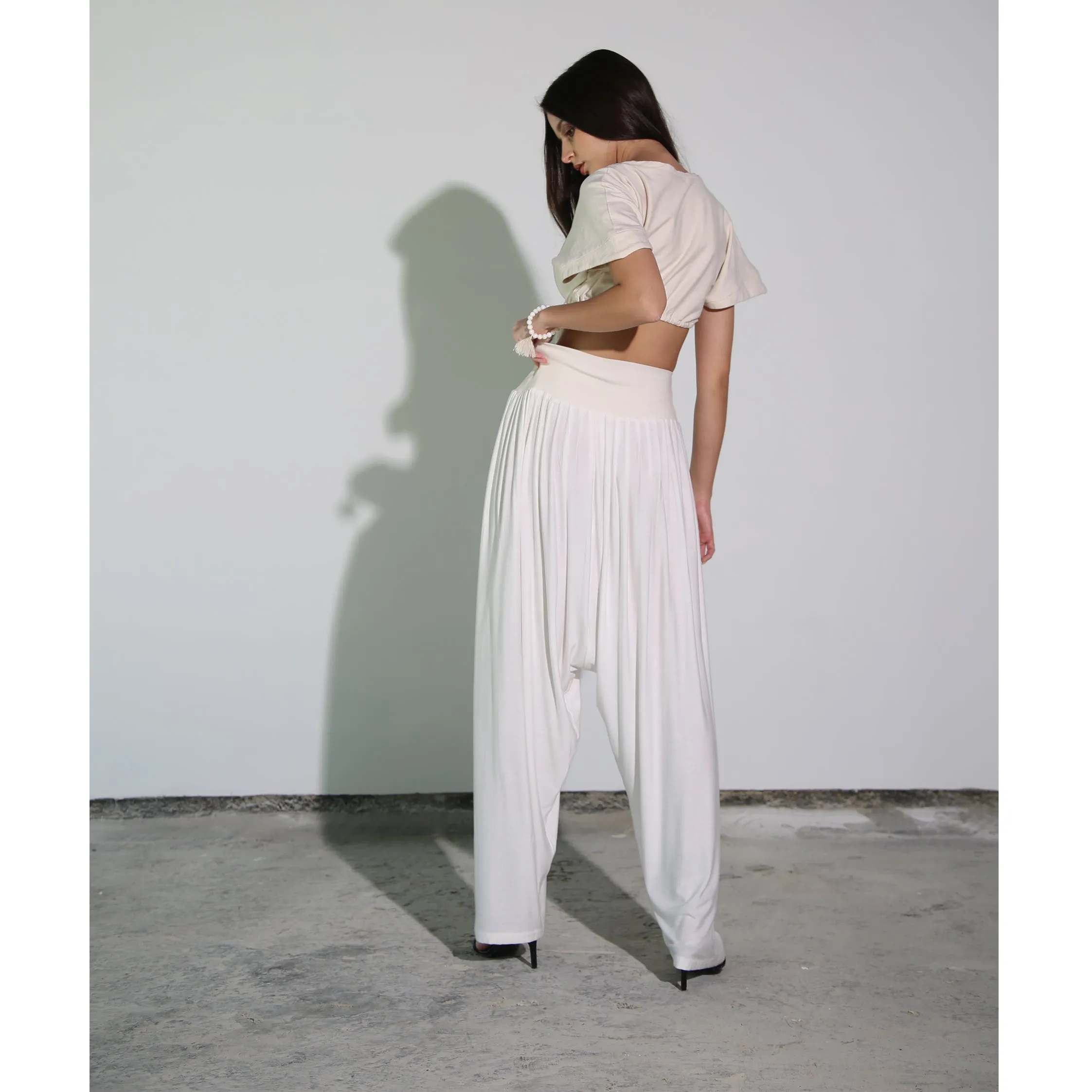 White Modal Jersey Draped Drop Crotch Pant