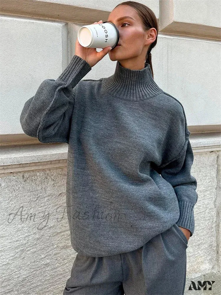 Winter Knit Pullover Female Clothes Loose Casual Ribbed Stylish Cozy Trendy Chic Comfortable Sweater